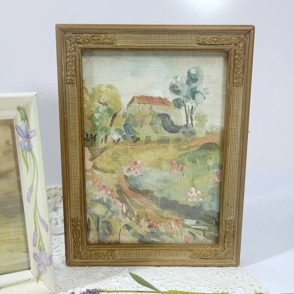 Set of vintage wood ornate picture photo frames 6x8 gold tone cream swan art